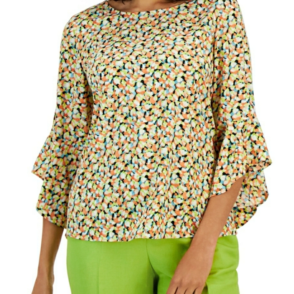 Kasper Ruffle Sleeve Blouse Silky Feel Multicolor Dot Geometric Size Medium